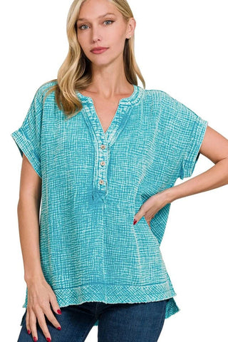 Zenana Washed Double Gauze 3/4 Button Henley Neck Shirt - Just Believe Boutique