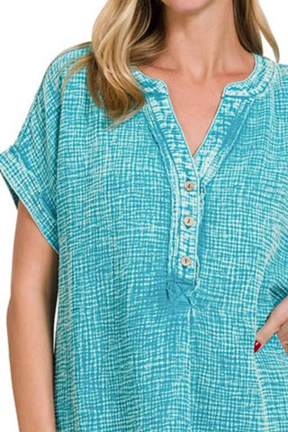 Zenana Washed Double Gauze 3/4 Button Henley Neck Shirt - Just Believe Boutique