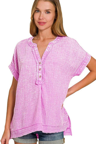 Zenana Washed Double Gauze 3/4 Button Henley Neck Shirt - Just Believe Boutique