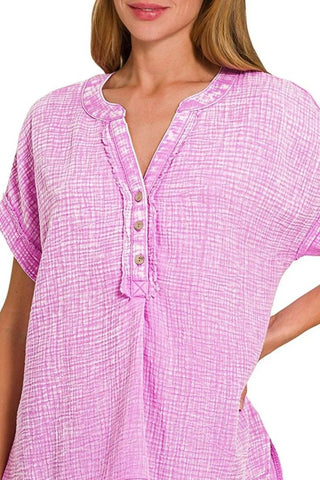 Zenana Washed Double Gauze 3/4 Button Henley Neck Shirt - Just Believe Boutique