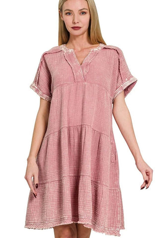 Zenana Washed Double Gauze Raw Edge V-Neck Dress - Just Believe Boutique