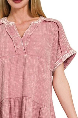 Zenana Washed Double Gauze Raw Edge V-Neck Dress - Just Believe Boutique