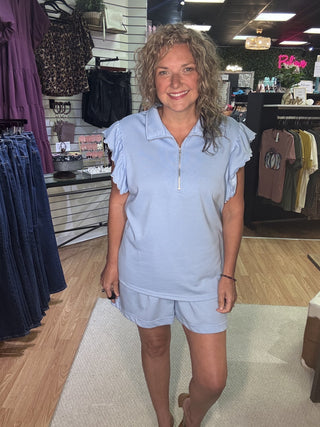 Zipper Neck Ruffled Short Sleeve Top & Shorts – Sky Blue – model photo