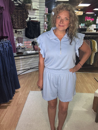 Zipper Neck Ruffled Short Sleeve Top & Shorts – Sky Blue – model photo