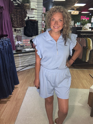 Zipper Neck Ruffled Short Sleeve Top & Shorts – Sky Blue – model photo