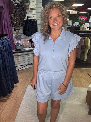 Zipper Neck Ruffled Short Sleeve Top & Shorts – Sky Blue – model photo