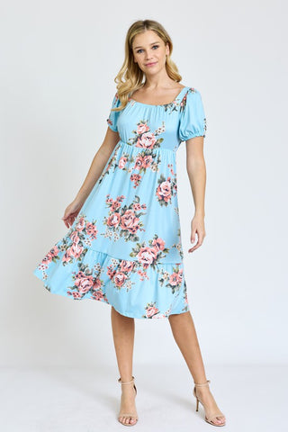 Floral Square Neck Puff Sleeve Boho Dress - JustBelieve.Boutique