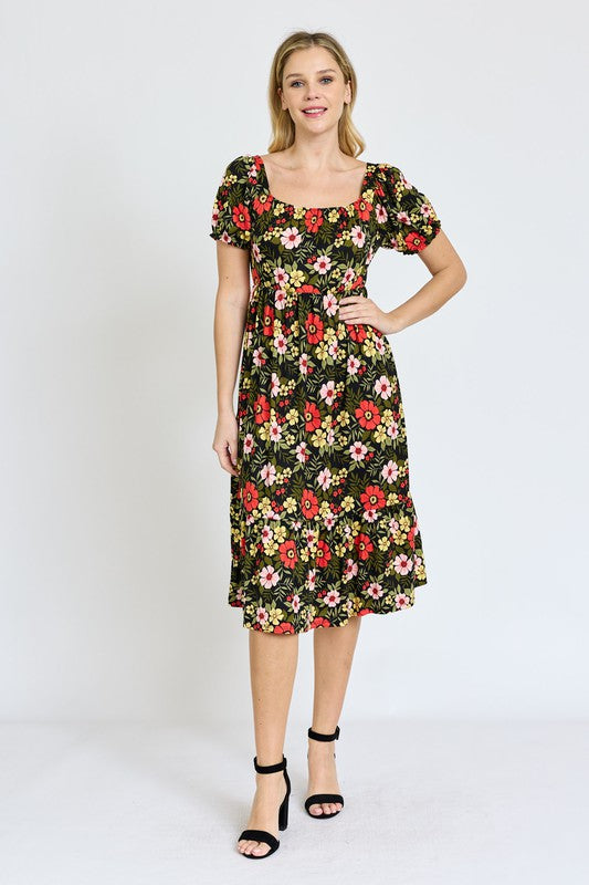 Floral Square Neck Puff Sleeve Boho Dress - JustBelieve.Boutique