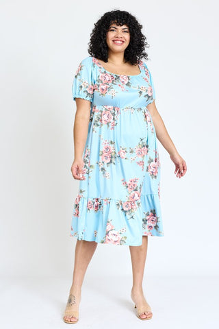 Plus Floral Square Neck Puff Sleeve Boho Dress - JustBelieve.Boutique