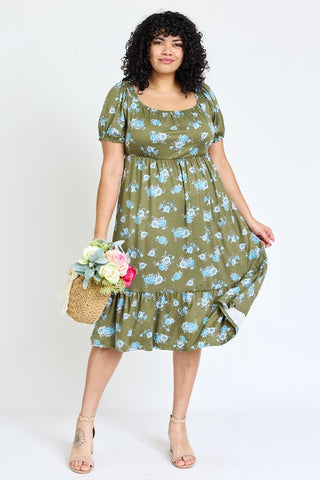 Plus Floral Square Neck Puff Sleeve Boho Dress - JustBelieve.Boutique