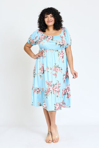 Plus Floral Square Neck Puff Sleeve Boho Dress - JustBelieve.Boutique