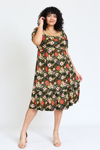 Plus Floral Square Neck Puff Sleeve Boho Dress - JustBelieve.Boutique