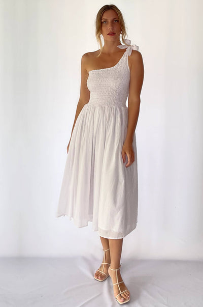 Sienna One-Shoulder Shirred Dress - White Pompom - JustBelieve.Boutique