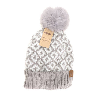 Fuzzy Lined Diamond Patterned Faux Fur Pom C.C Beanie