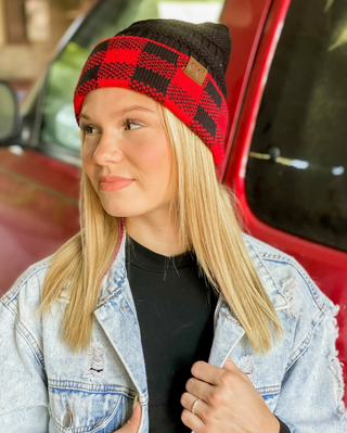 Buffalo Check Knit CC Beanie Hat - JustBelieve.Boutique