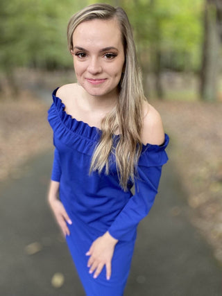 Blue Off The Shoulder Dress - Just Believe Boutique