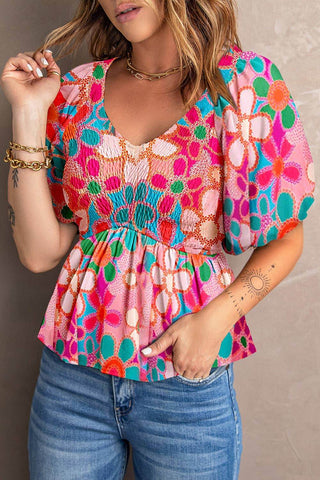 Boho Flower Print Puff Sleeve Peplum - Just Believe Boutique