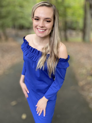 Blue Off The Shoulder Dress - Just Believe Boutique