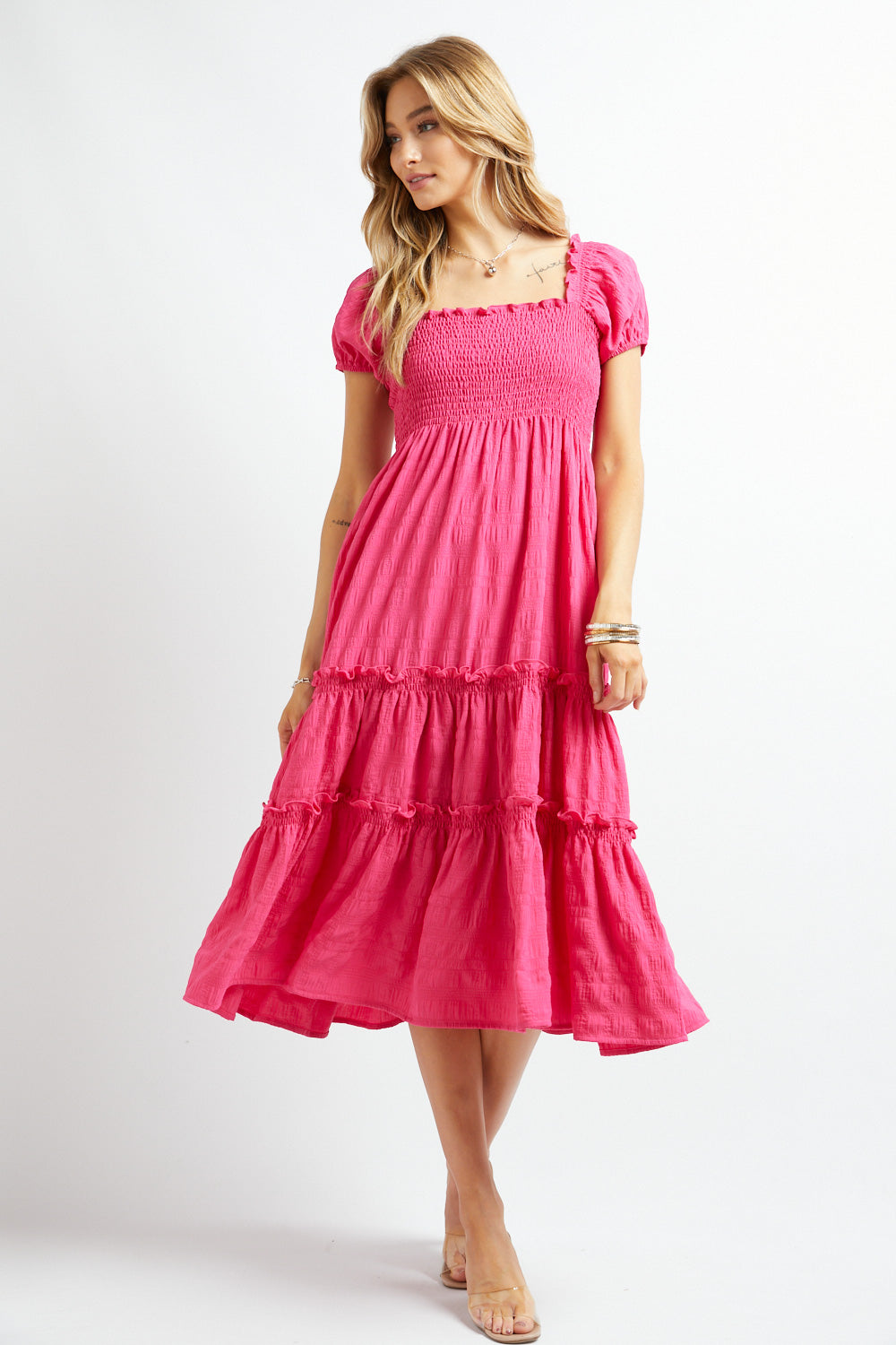 Smocked Pink Tiered Midi Dress - JustBelieve.Boutique