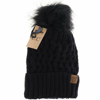 C.C. Beanie - Solid Lattice Stitch Fur Pom CC Beanie