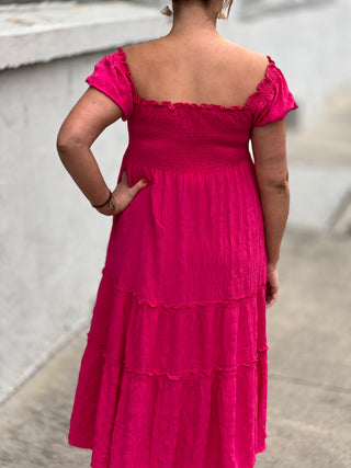 Pink Smocked Midi Dress - Just Believe Boutique