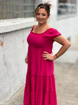 Pink Smocked Midi Dress - Just Believe Boutique
