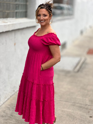 Pink Smocked Midi Dress - Just Believe Boutique