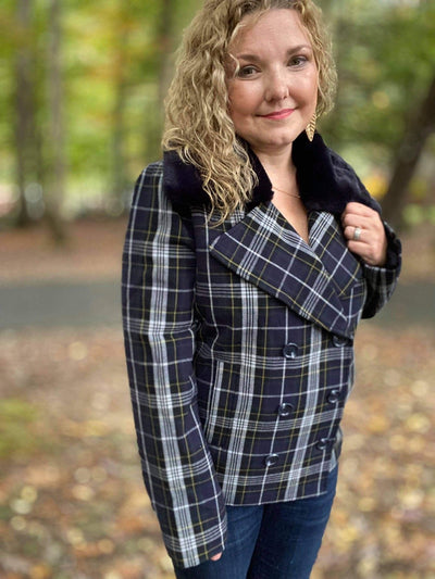 Plaid Jacket with Navy & Black with a removable faux fur collar - Just Believe Boutique