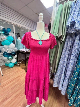 Pink Smocked Midi Dress - Just Believe Boutique