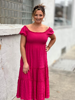 Pink Smocked Midi Dress - Just Believe Boutique