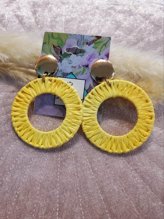 Woven Ratan Cord Earrings - Yellow - Just Believe Boutique